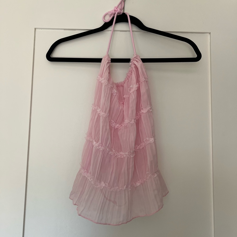 Pink Backless Halter Top with Ruffle Details